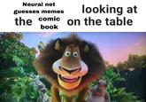 Neural net guesses memes comic looking at on the table the book