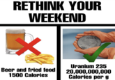 RETHINK YOUR WEEKEND 2068 Beer and fried food 1500 Calories Uranium 235 20,000,000,000 Calories per g