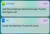 DUOLINGO 08:11 Looks like you forgot your Spanish lessons again. You know what happens now! ADT ADT 08:11 Intruder Alert (Back Door). Proceed with caution.