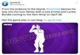 Fortnite F ... @FortniteGame From the endzone to the Island, @JJettas2 dances his way into the lcon Series with a new Emote and Locker Bundle coming to the Item Shop on April 28. Get the game plan in our blog: fn.gg/Griddy FORTNITE JUSTIN EEFERSON