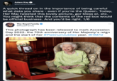 Adam Kay @amateuradam A quick thread on in the importance of being careful what data you share - even if you're the Queen. Today, Her Maj tweeted this lovely picture, gor bless er, etc. You might think that the contents of the red box would be official business. And you'd be right. 1/6 The Royal Family @RoyalFamily This photograph has been released to mark Accession Day 2022: the 70th anniversary of Her Majesty's reign and the start of her #PlatinumJubilee year. #HM70