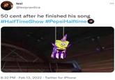 50 cent after he finished his song  lexi @lexipravdica 50 cent after he finished his song #HalfTimeShow #PepsiHalftimeO 8:32 PM · Feb 13, 2022 · Twitter for iPhone