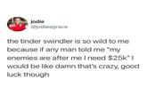 jodie @jodieegrace the tinder swindler is so wild to me because if any man told me "my enemies are after me I need $25k" | would be like damn that's crazy, good luck though