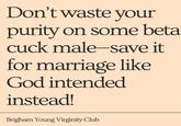 Don't waste your purity on some beta cuck male-save it for marriage like God intended instead! Brigham Young Virginity Club