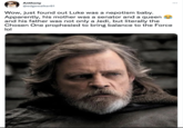 Anthony @edgewalker81 Wow, just found out Luke was a nepotism baby. Apparently, his mother was a senator and a queen and his father was not only a Jedi, but literally the Chosen One prophesied to bring balance to the Force lol