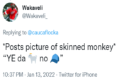 Wakaveli @Wakaveli Replying to @caucaflocka *Posts picture of skinned monkey* "YE da no 10:37 PM - Jan 13, 2022 - Twitter for iPhone