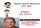 Never Ask A Woman Her Age A Man, His Salary A Woody Harrelson why his dad's Name is blue on Wikipedia
