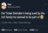 Keyz @realTeflonDON_ the Tinder Swindler's being sued by the rich family he claimed to be part of e 4:13 AM · Mar 1, 2022 · Twitter Web App 590 Retweets 202 Quote Tweets 4,103 Likes