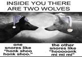 INSIDE YOU THERE ARE TWO WOLVES the other snores like "hooooonk mi mi mi" one snores like "honk shoo honk shoo."