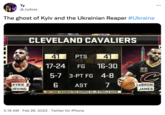 Тy ... @_tydoss The ghost of Kyiv and the Ukrainian Reaper #Ukraine CLEVELAND CAVALIERS 41 PTS 41 17-24 FG 16-30 23 5-7 3-PT FG 4-8 KYRIE IRVING 7 AST LEBRON JAMES 1ST TIME TEAMMATES SCORED 40+ IN FINALS GAME 3:19 AM · Feb 26, 2022 · Twitter for iPhone
