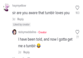haymyellow sir are you aware that tumblr loves you 160 3d Reply Liked by creator nickymaddalina · Creator 77 I have been told, and now I gotta get me a tumblr e 2d Reply
