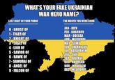 WHAT'S YOUR FAKE UKRAINIAN WAR HERO NAME? LAST DIGIT OF YOUR PHONE THE MONTH YOU WERE BORN 0- GHOST OF 1-TIGER OF 2-KNIGHT OF, 3-EAGLE OF 4- LION OF 5- SAVIOR OF 6- HAWK OF 1-SAMURAI OF 8- ANGEL OF 9- FALCON OF JAN - KIEV FEB - KHARKOV MAR - ODESSA APR-MARIUPOL MAY -SUMY JUN-CHERNIGOV JUL-BERDYANSK AUG-LVIV SEP-POLTAVA OCT-KHERSON NOV-MYKOLAIV DEC-MELITOPOL