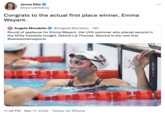 Jenna Ellis @JennaEllisEsq Congrats to the actual first place winner, Emma Weyant. Angela Morabito @AngelaLMorabito · 16h Round of applause for Emma Weyant, the UVA swimmer who placed second in the 500y freestyle tonight, behind Lia Thomas. Second is the new first. #savewomenssports 11:38 PM · Mar 17, 2022 · Twitter for iPhone WEYANT