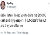 Doja Dog @Prof_Hinkley babe, listen, I need you to bring me $15000 cash and my passport. I out-pizza'd the hut and they are after me 1:54 PM · Feb 1, 2022 · Twitter Web App