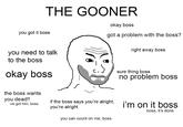 THE GOONER okay boss you got it boss got a problem with the boss? right away boss you need to talk to the boss okay boss sure thing boss no problem boss the boss wants you dead!! we got him, boss if the boss says you're alright, you're alright i'm on it boss boss, it's done you can count on me, boss