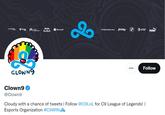 HYPER KASER PERMANENTE Microsoft AT&T Red Bull * Blockchain.com FURY PUMA os A Follow ... CLOWN9 Clown9 @Clown9 Cloudy with a chance of tweets | Follow @C9LOL for C9 League of Legends! | Esports Organization #C9WIN