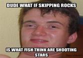 DUDE WHAT IF SKIPPING ROCKS IS WHAT FISH THINK ARE SHOOTING STARS Make a Meme+
