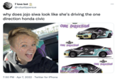 7 love bot @rubyslippersue ... why does jojo siwa look like she's driving the one direction honda civic 1OUR ONE DIRECTON CIVIC ONE DIRECTION HARRY Actual Civic might differ sigholy from above image. CIVIC ONE DIRECTION 7:50 PM · Apr 7, 2022 · Twitter for iPhone