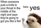 When someone puts a knife to your throat in the middle of the haha yes night and says they're going to gut you like a fish