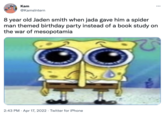 A meme about "Jaden Smith":https://knowyourmeme.com/memes/people/jaden-smith wanting to talk about "the political and economic state of the world" using the "Sad SpongeBob":https://knowyourmeme.com/memes/sad-spongebob-spunchbop meme.