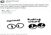 LPS Out Of Context ... @lpsooc The art community has 3 jokes they will repeat over and over again drawn slightly differently and every time it gets at least 1k likes @_Jakko_· Apr 16 a simple diagram Show this thread f------ w---- normal DE 9:59 PM · Apr 17, 2022 · Twitter for Android
