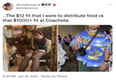 Airidescence •.. @airidescence .The $12 fit that I wore to distribute food vs that $1000+ fit at Coachella ... FOM 8:26 AM · Apr 18, 2022 · Twitter for iPhone