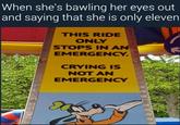 When she's bawling her eyes out and saying that she is only eleven THIS RIDE ONLY STOPS IN AN EMERGENCY. CRYING IS NOT AN EMERGENCY YYOYYYY