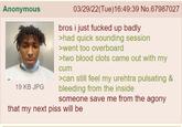 Anonymous 03/29/22(Tue)16:49:39 No.67987027 bros i just f----- up badly >had quick sounding session >went too overboard >two blood clots came out with my c-- >can still feel my urehtra pulsating & bleeding from the inside someone save me from the agony 19 KB JPG that my next piss will be
