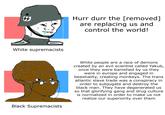 Hurr durr the [removed] are replacing us and control the world! White supremacists White people are a race of demons created by an evil scientist called Yakub, once they were banished by us they were in europe and engaged in b----------, creating monkeys. The trans atlantic slave trade was a conspiracy in order to subjugate and destroy the black man. They have degenerated us so that glorifying gang and drug culture is normalized in order to make us not realize our superiority over them Black Supremacists
