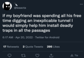 (-) @leaacta if my boyfriend was spending all his free time digging an inexplicable tunnel I would simply help him install deadly traps in all the passages 6:17 AM · Apr 20, 2022 · Twitter for Android 17 Retweets 2 Quote Tweets 295 Likes A Tip