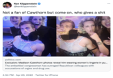 Ken Klippenstein @kenklippenstein ... Not a fan of Cawthorn but come on, who gives a s--- politico.com Exclusive: Madison Cawthorn photos reveal him wearing women's lingerie in pu. The embattled congressman has outraged Republican colleagues with accusations of o----- and drug use. 4:54 PM · Apr 23, 2022 · Twitter for iPhone