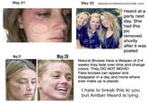 May 21 May 27 May 28 May 22 thestanconfessions/tumblr.com Heard at a party next day. She had this pic removed shortly after it was posted Natural Bruises have a lifespan of 2-4 weeks they fade over time and change colors. They DO NOT MOVE! Fake bruises can appear and disappear in a day and move where ever make up is placed. I hate to break this to you but Amber Heard is lying.