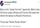 Nina Jankowicz @wiczipedia Back on the "laptop from hell," apparently- Biden notes 50 former natsec officials and 5 former CIA heads that believe the laptop is a Russian influence op. Trump says "Russia, Russia, Russia." 10:18 PM - Oct 22, 2020 - Twitter Web App