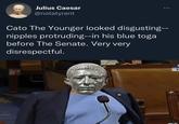 Julius Caesar @notatyrant Cato The Younger looked disgusting-- n------ protruding--in his blue toga before The Senate. Very very disrespectful. Q MENGE 1