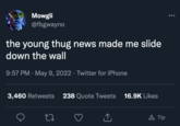 Mowgli @fbgwayno the young thug news made me slide down the wall 9:57 PM · May 9, 2022 · Twitter for iPhone 3,460 Retweets 238 Quote Tweets 16.9K Likes 27 A Tip