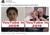 God Brain @Adelthebrain02 This is what a collapsing society looks like? YouTube inYouTube in 2009 2019 the ork 8:39 AM · May 10, 2022 · Twitter for iPhone