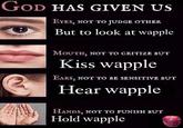 GOD HAS GIVEN US EYES, NOT TO JUDGE OTHER But to look at wapple MOUTH, NOT TO CRITIZE BUT Kiss wapple EARS, NOT TO BE SENSITIVE BUT Hear wapple HANDS, NOT TO PUNISH BUT Hold wapple
