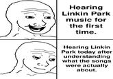 Hearing Linkin Park music for the first time. Hearing Linkin Park today after understanding what the songs were actually about.