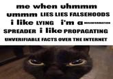 me when uhmmm ummm LIES LIES FALSEHOODS i like LYING i'm a MISINFORMATION SPREADER i like PROPAGATING UNVERIFIABLE FACTS OVER THE INTERNET