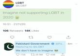 LGBT @LGBT Imagine not supporting LGBT in 2020 10:51 - 21/11/20 106 Retweets 14K Likes 27 Pakistani Government Replying to @LGBT We don't have to imagine 7.5B 25.9M 438 O ←] @Pa...-4m