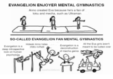 EVANGELION ENJOYER MENTAL GYMNASTICS Anno created Eva because he's a fan of toku and mecha, such as Ultraman Lit SO-CALLED EVANGELION FAN MENTAL GYMNASTICS Evangelion is a Hideaki Anno hates otaku culture All the Eva girls aren't meant to be lusted over deep introspective Evangelion is a deconstruction of mecha genre look on human psychology