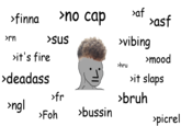 >finna >it's fire >deadass >ngl >rn >no cap >Sus >fr >Foh >bussin >af >vibing >hru >bruh >asf >mood >it slaps >picrel