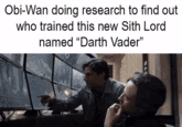 Obi-Wan doing research to find out who trained this new Sith Lord named "Darth Vader"