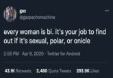 gaz @gazpachomachine every woman is bi. it's your job to find out if it's sexual, polar, or onicle 2:55 PM. Apr 8, 2020 · Twitter for Android 43.1K Retweets 2,480 Quote Tweets 293.9K Likes