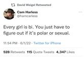 David Weigel Retweeted Cam Harless @hamcarless Every girl is bi. You just have to figure out if it's polar or sexual. 11:54 PM - 6/1/22 Twitter for iPhone 528 Retweets 115 Quote Tweets 4,347 Likes