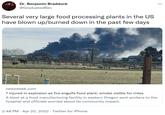 Dr. Benjamin Braddock @Graduated Ben Several very large food processing plants in the US have blown up/burned down in the past few days newsweek.com 7 injured in explosion as fire engulfs food plant; smoke visible for miles A blast at a food manufacturing facility in eastern Oregon sent workers to the hospital and officials worried about its community impact. 2:48 PM Apr 20, 2022 · Twitter for iPhone .