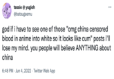 ... tessie @ yugioh @batsugeemu god if i have to see one of those "omg china censored blood in anime into white so it looks like c--" posts i'll lose my mind. you people will believe ANYTHING about china 6:48 PM Jun 4, 2022. Twitter Web App