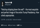 Perfect Image Wajahat Ali @WajahatAli "Ketchup dripping down the wall" - the most exquisite and perfect image of the entire Trump Presidency. How utterly appropriate. 2:00 PM Jun 28, 2022 · Twitter for Android 917 Retweets 41 Quote Tweets 6,397 Likes