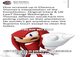 Ken Penders @KenPenders : How screwed-up is Clarence Thomas's interpretation of the Constitution, Original Intent & US Law? George Washington & Thomas Jefferson would have him picking cotton on their plantations. He wouldn't get anywhere near the Supreme Court except to clean the toilets. YOU MAY NOT SEE IT BUT KNUCKLES IS GIVING YOU THE MIDDLE FINGER FOR YOUR RACISM.