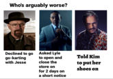 Who's arguably worse? Declined to go go-karting with Jesse Asked Lyle to open and close the store on for 2 days on a short notice Told Kim to put her shoes on